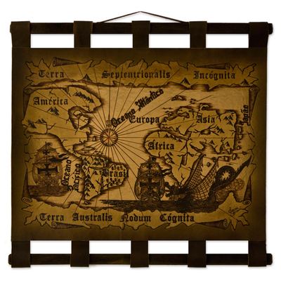 Mapa de cuero, 'Sea Dragon II' - Mapa de estilo vintage de cuero hecho a mano para colgar en la pared