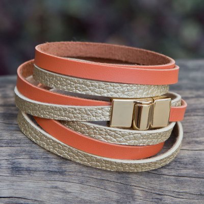 Gold accent wrap bracelet, 'Golden Orange Parallels' - Faux Leather Wrap Bracelet with Gold Plated Magnetic Clasp