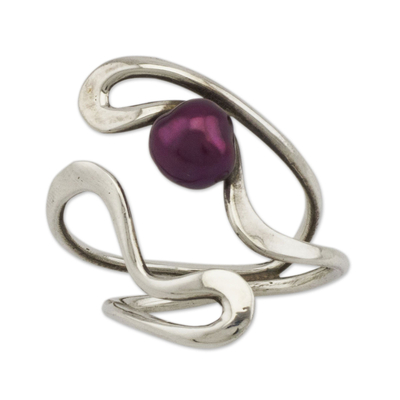 Cultured pearl wrap ring, 'Winding Paths' - Artisan Crafted Burgundy Pearl and Sterling Silver Ring