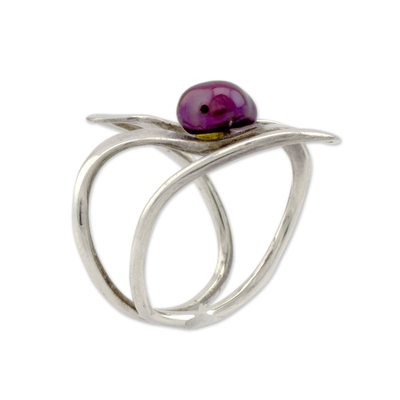 Cultured pearl wrap ring, 'Winding Paths' - Artisan Crafted Burgundy Pearl and Sterling Silver Ring