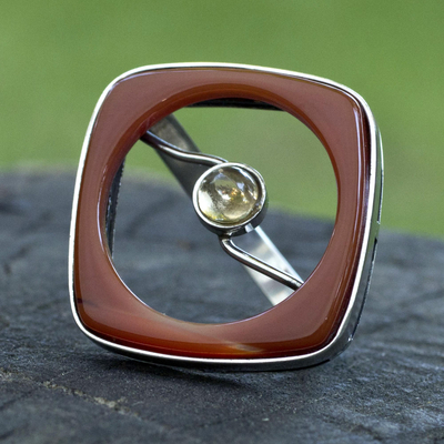 Agate and citrine cocktail ring, 'Contemporary Warmth' - Modern Brazilian Brown Agate and Silver Ring with Citrine