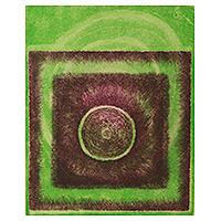 „Magenta Sun on Green“ – Signierte originale brasilianische abstrakte Radierung in Grün und Braun