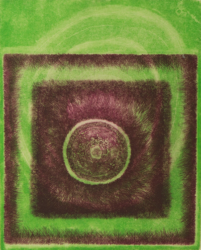 'Magenta Sun on Green' - Signed Original Brazilian Abstract Green and Brown Etching