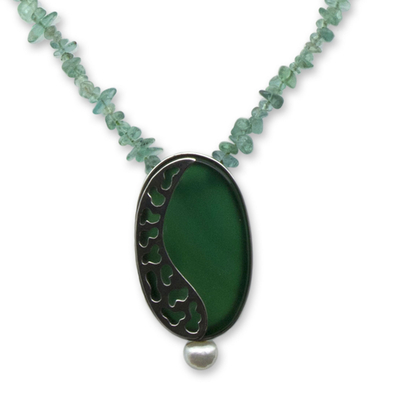 Cultured pearl and agate pendant necklace, 'Avenue in Green' - Handcrafted Agate and Cultured Pearl Necklace on Tourmaline