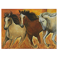 'Sun Behind Horses' - Brazilian Wild Horse Painting in Warm Colors