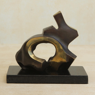 Bronze sculpture, 'Happiness' - Couple in Love Abstract Sculpture Bronze on Granite