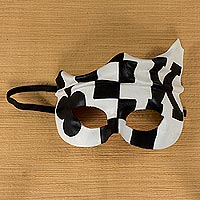 Leather mask, 'King of Clubs' - Handcrafted Black and White Leather Mask Brazilian Carnaval