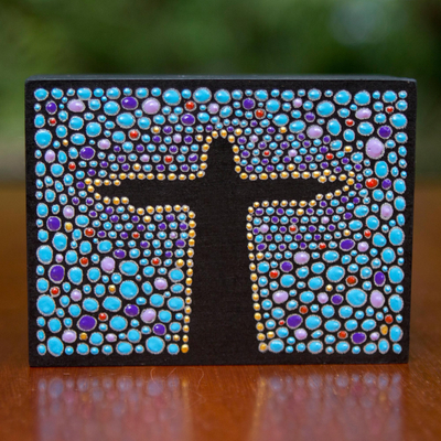 Dekorativer Holzkasten, 'Azure Christus der Erlöser' (4,5 Zoll) - Blau-Schwarzer handbemalter Cristo-Redentor-Kasten 4,5 Zoll