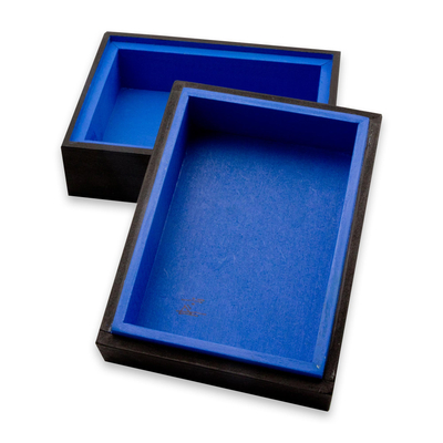 Dekorativer Holzkasten, 'Azure Christus der Erlöser' (4,5 Zoll) - Blau-Schwarzer handbemalter Cristo-Redentor-Kasten 4,5 Zoll