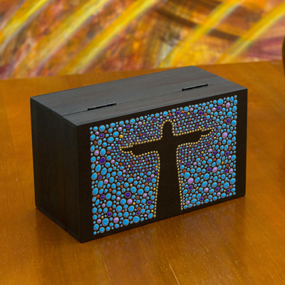 Wood tea box, 'Azure Christ the Redeemer' (small) - Hand Painted Two Compartment Cristo Redentor Wood Tea Box