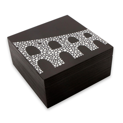 Wood tea box, 'Lapa Arches' (medium) - Black and White Brazilian Landmark on Wood Tea Box (Medium)
