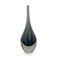 Handblown art glass vase, 'Azure Magic' - Blue and Red Murano Inspired Handblown Art Glass Vase