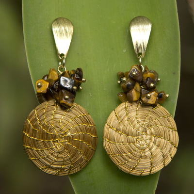 Tiger's eye and golden grass dangle earrings, 'Warm Beauty' - Hand Crafted Brazilian Tiger Eye and Golden Grass Earrings