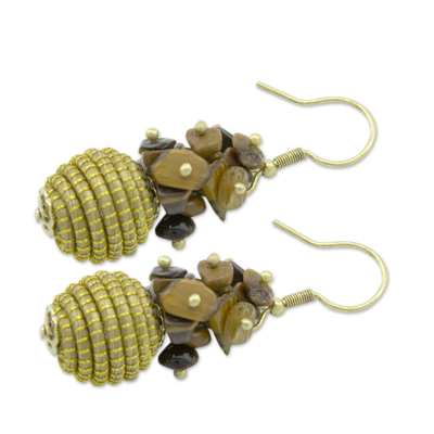 Tiger's eye and golden grass dangle earrings, 'Warmth' - Hand Crafted Brazilian Golden Grass and Tiger's Eye Earrings