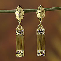 Gold plated golden grass dangle earrings, 'Golden Leaves' - Brazilian Golden Grass Earrings with Gold Plated Accents