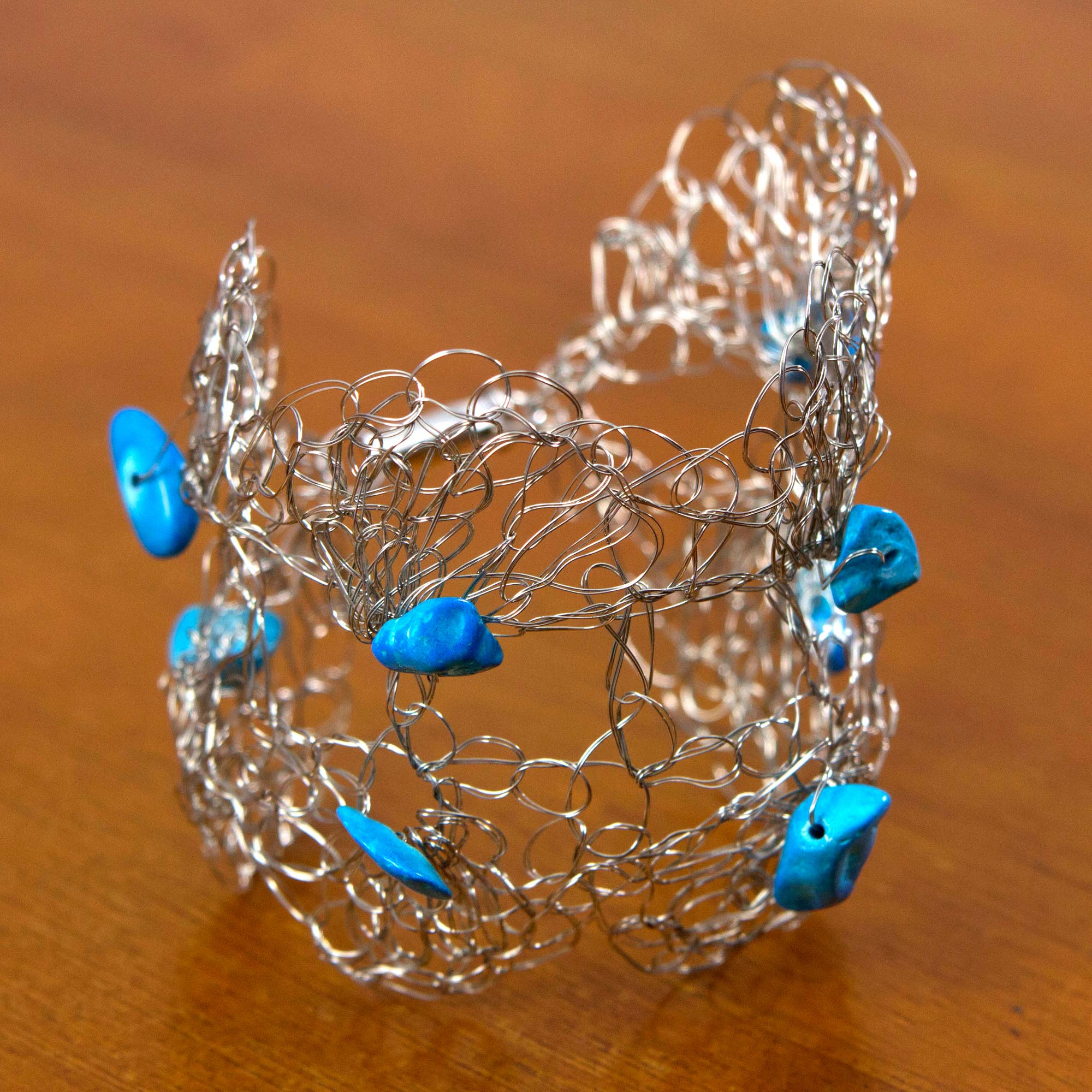 Crocheted Stainless Steel Cuff Bracelet with Blue Stones