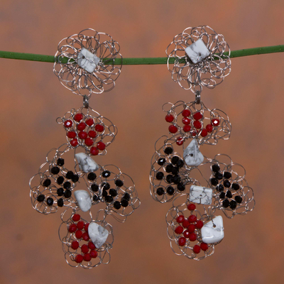 Howlite beaded earrings, 'Gossamer Fantasy' - Howlite on Stainless Steel Crocheted Earrings from Brazil