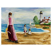 'Juegos en la playa II' - Pintura de paisaje marino brasileño romántico original firmado