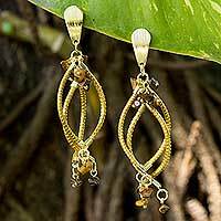 Gold plated tiger's eye and golden grass dangle earrings, 'Goldenrod'