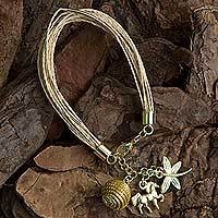 Palm and golden grass charm bracelet, 'Natural World' - Palm and Gold Plated Horse and Dragonfly Charm Bracelet