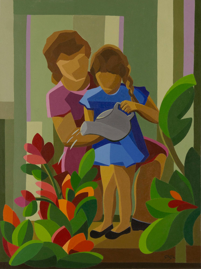'Watering the Flowers' (2014) - Mother and Daughter with Flowers Signed Original Painting