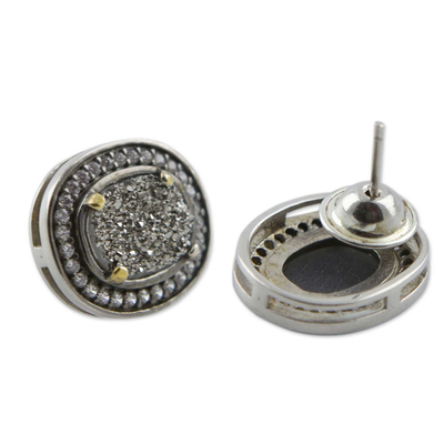 Brazilian drusy agate button earrings, 'Glamorous' - Brazilian Drusy Agate and Silver Round Earrings with CZ