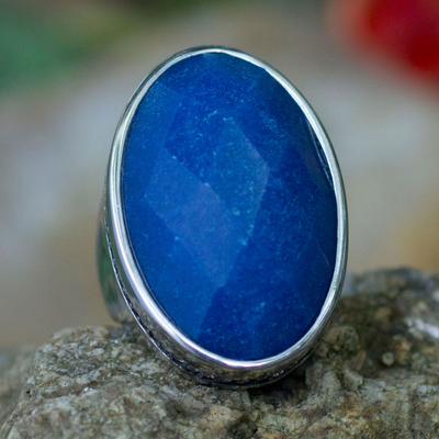 Quartz cocktail ring, 'Sparkling Halo' - Artisan Crafted Blue Quartz and CZ Silver Cocktail Ring