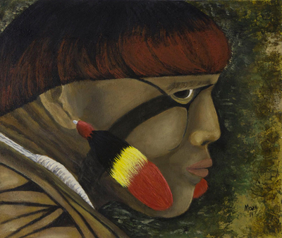 'Kuikuro-Mann aus dem Alto Xingu' - Mixed-Media-Porträt eines Mannes aus Amazonien brasilianischer Malerei