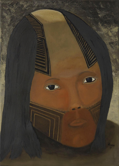 Junger Kaiapo-Mann - Porträt eines jungen Mannes aus Amazonien Mixed Media signierte Malerei