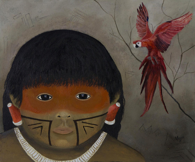 'Xingu Child' - Portrait of Amazonian Boy Mixed Media Signed Painting