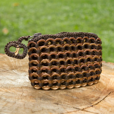 Soda pop-top coin purse, 'Bronze Hope and Change' - Hand Crocheted Soda Pop Top Coin Purse in Brown Bronze