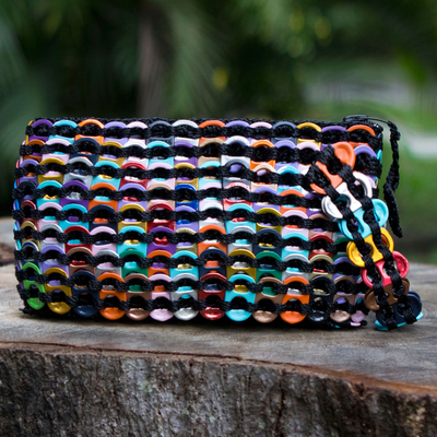 Soda pop-top wristlet bag, 'Rainbow Night Eco Chic' - Hand Crocheted Recycled Soda Pop-top Wristlet Bag