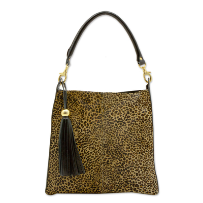 Leather shoulder bag, 'Leopard Elegance' - Leopard Print Brazilian Cowhide Shoulder Bag