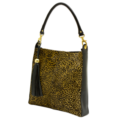 Leather shoulder bag, 'Leopard Elegance' - Leopard Print Brazilian Cowhide Shoulder Bag