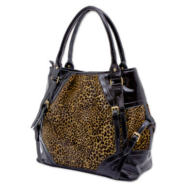 Leather shoulder bag, 'Leopard Chic' - Black Patent Leather on Leopard Print Cowhide Shoulder Bag
