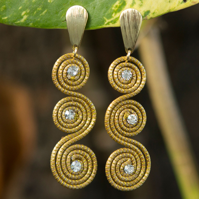 Gold plated golden grass dangle earrings, 'Sparkle and Swirl' - Gold Plated Brazilian Golden Grass and Rhinestone Earrings