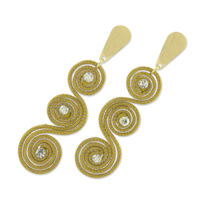 Gold plated golden grass dangle earrings, 'Sparkle and Swirl' - Gold Plated Brazilian Golden Grass and Rhinestone Earrings