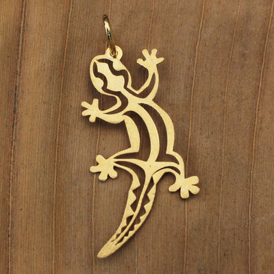 Gold pendant, 'Brazilian Gecko' - Artisan Crafted Gold Lizard Pendant from Brazil