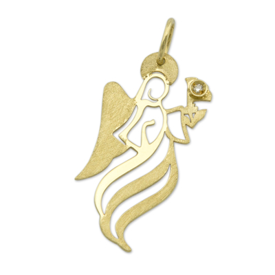 Diamond pendant, 'Archangel Gabriel' - Gold Artisan Crafted Brazil Angel Pendant with a Diamond