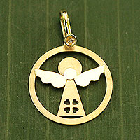 Diamond pendant, 'Angel of Good Fortune' - Handcrafted Lucky Angel Diamond Chip 18k Gold Pendant
