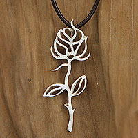 Sterling silver and leather pendant necklace, 'Shining Rose'