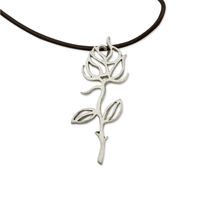 Sterling silver and leather pendant necklace, 'Shining Rose' - Leather and Sterling Silver Silhouette Flower Necklace