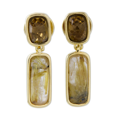 Gold plated rutile quartz and citrine dangle earrings, Brazilian Splendor