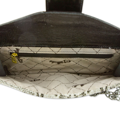 Leather clutch handbag, 'Black Cobra Envelope' - Grey and Black Leather Clutch Handbag with a Cobra Texture
