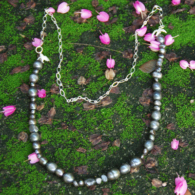 Cultured pearl beaded necklace, 'Luminous Black Strand' - Black Cultured Pearl Silver Handcrafted Brazilian Necklace