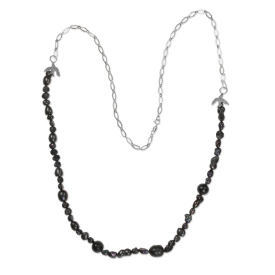Cultured pearl beaded necklace, 'Luminous Black Strand' - Black Cultured Pearl Silver Handcrafted Brazilian Necklace