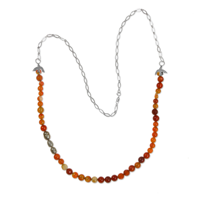 Carnelian and cultured pearl beaded necklace, 'Luminous Strand' - Handcrafted Brazil Carnelian and Cultured Pearl Necklace