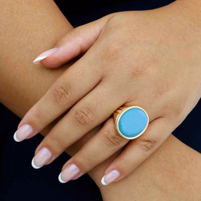 Gold plated agate cocktail ring, 'Blue Solitaire' - Fair Trade Gold Plated Brazilian Blue Agate Ring