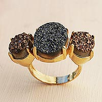 Brazilian drusy agate cocktail ring, 'Dazzling Trio' - 3 Stone Brazilian Drusy Agate Ring Bathed in 18k Gold