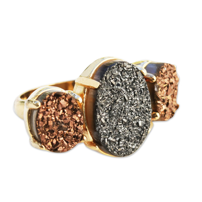 Drusy agate cocktail ring, 'Dazzling Trio' - 3 Stone Brazilian Drusy Agate Ring Bathed in 18k Gold